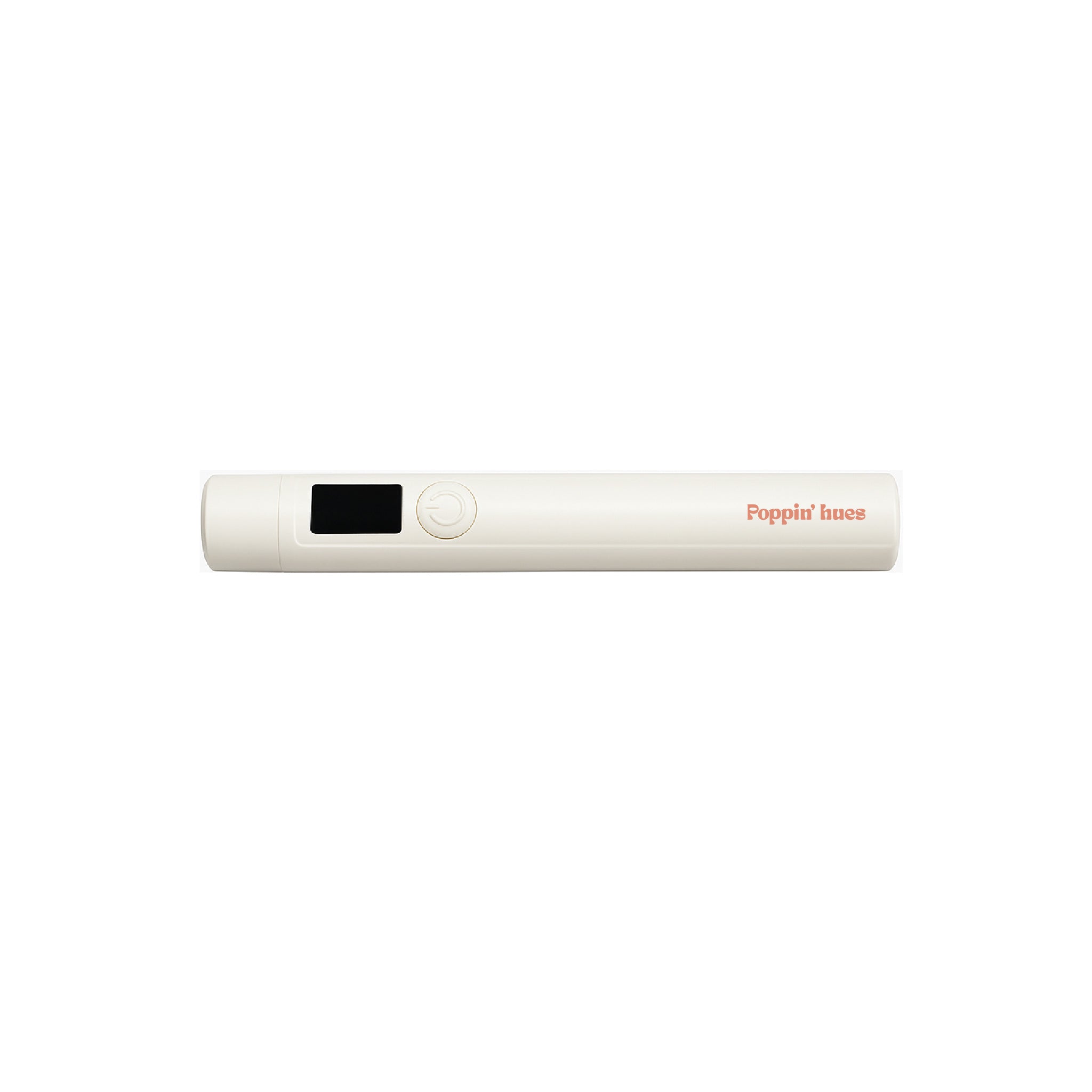Handheld rechargeable UV/LED nail lamp displayed horizontally on a white background, featuring a slim cream-colored design with a power button and digital display.