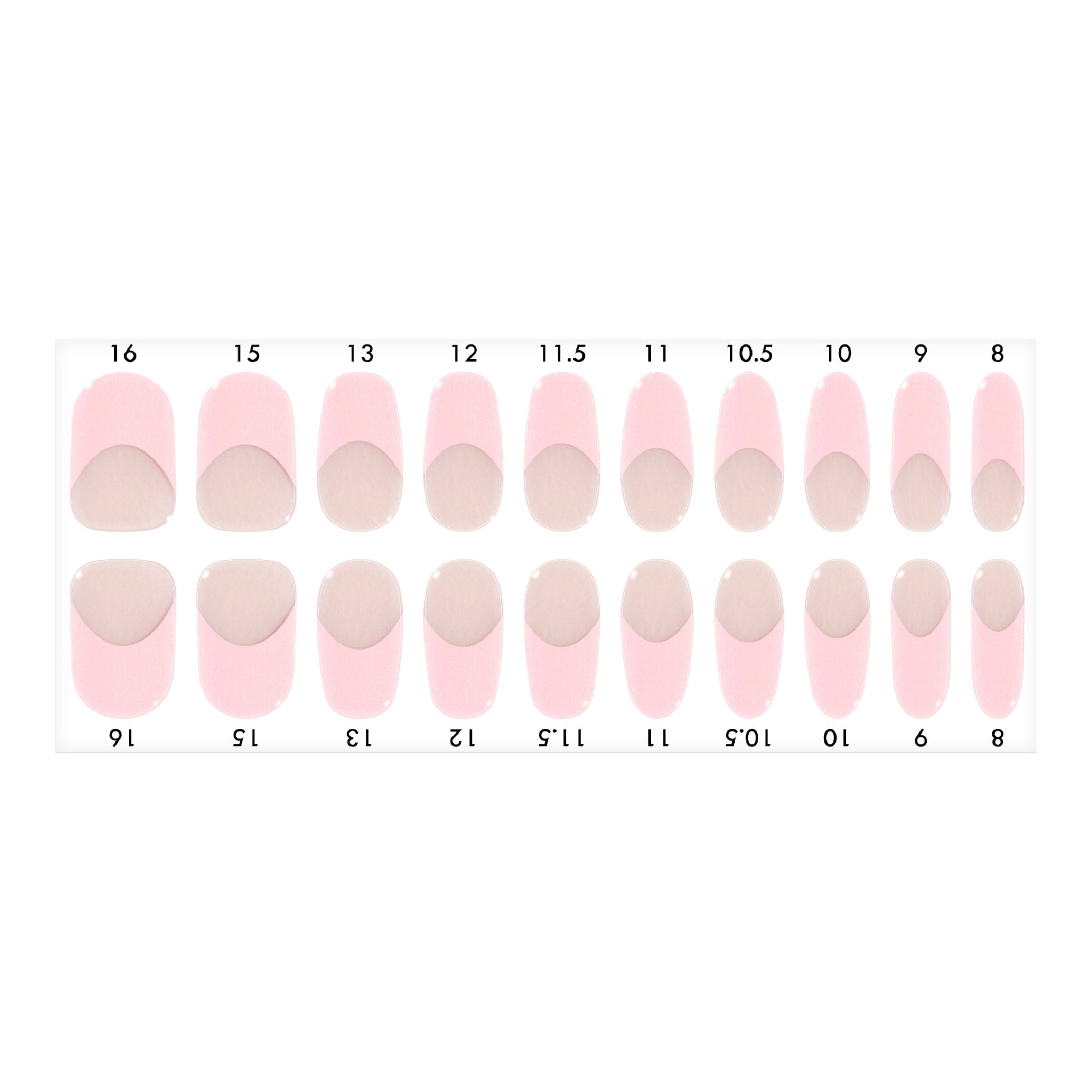 Standard size baby pink French tips design nail strips sheet on a white background.