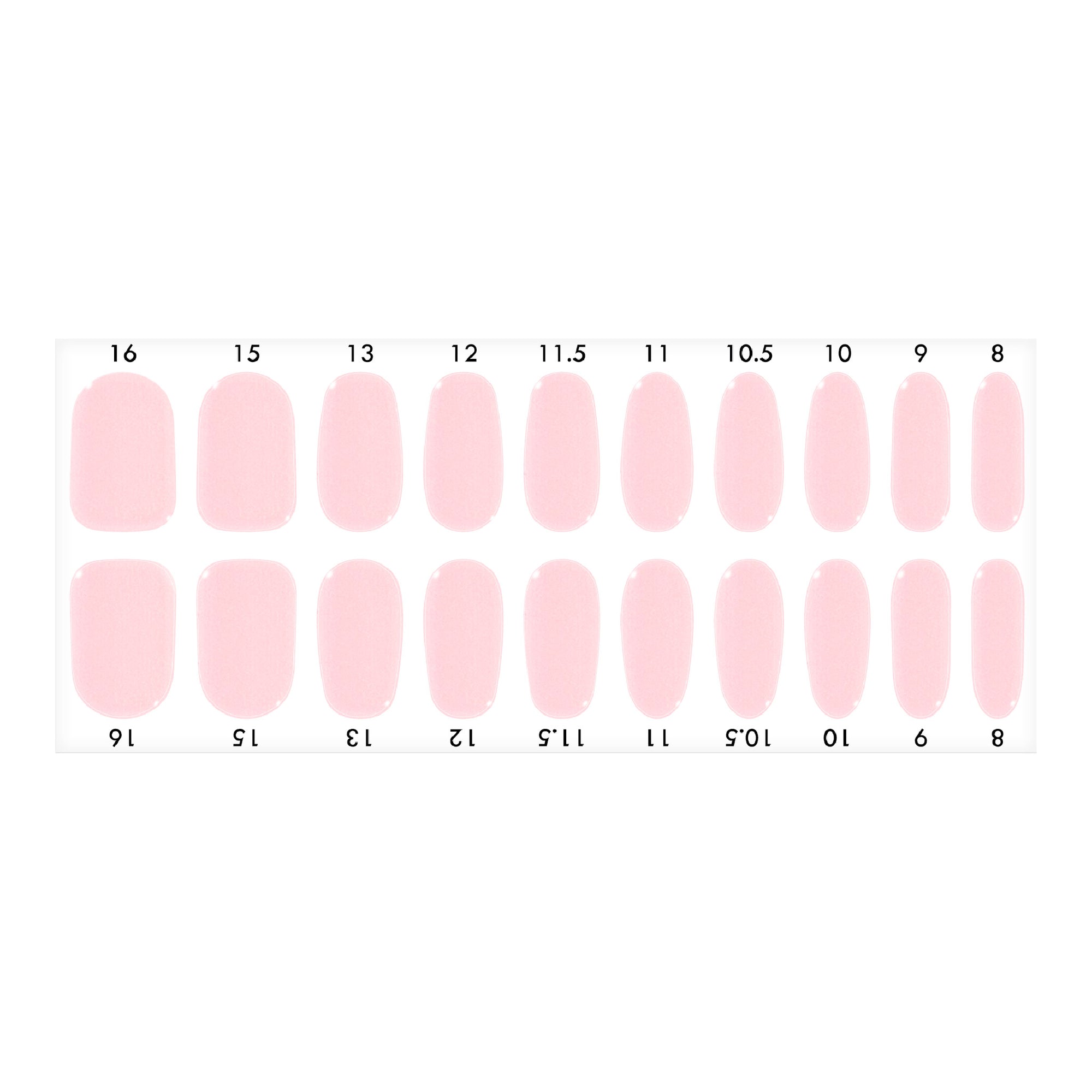 Standard size semi-cured gel nail strips sheet shown on a white background, featuring a baby pink color, arranged by numbered nail sizes.