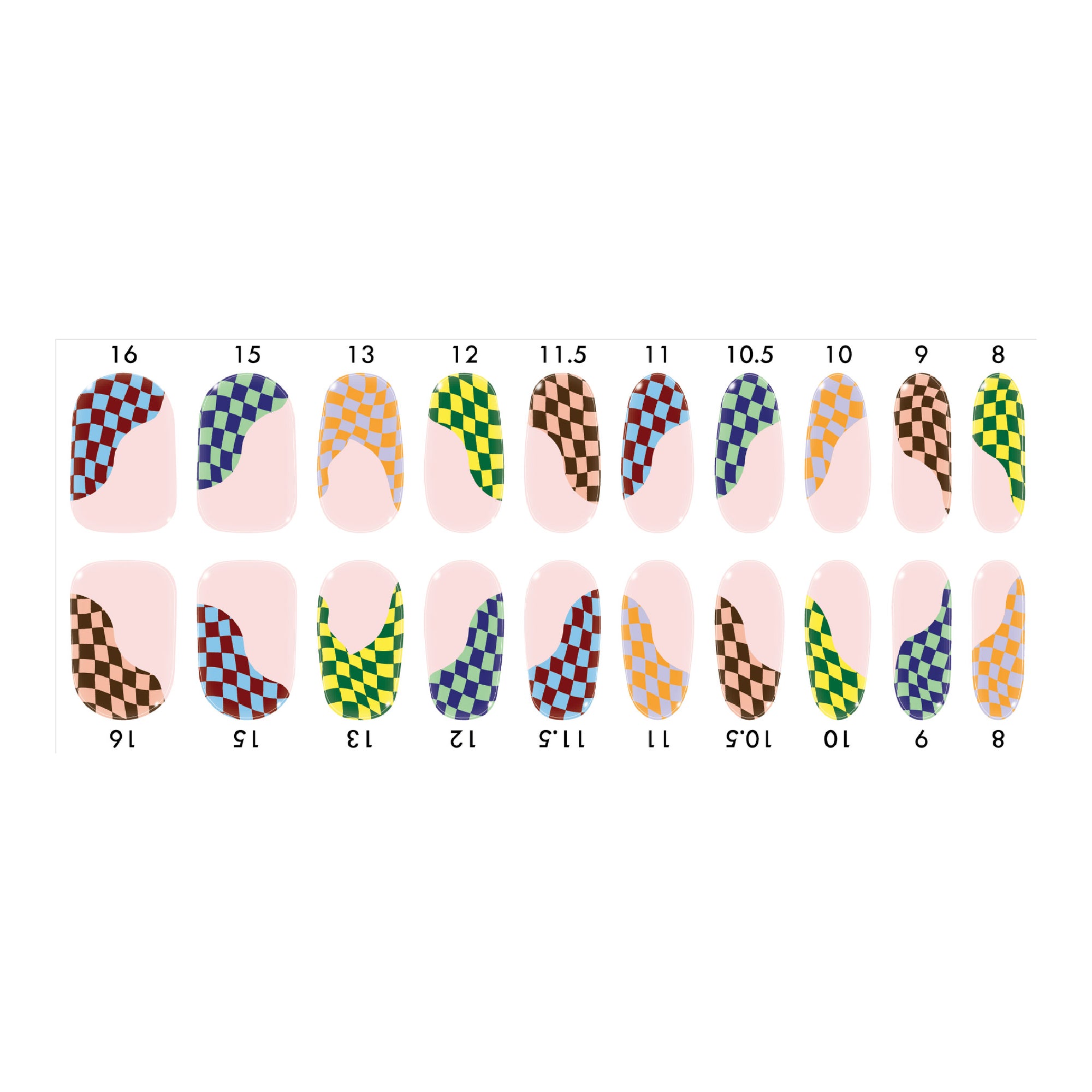 Standard size semi-cured gel nail strips sheet shown on a white background, featuring a blush base with colorful checkered tip designs, arranged by numbered nail sizes.