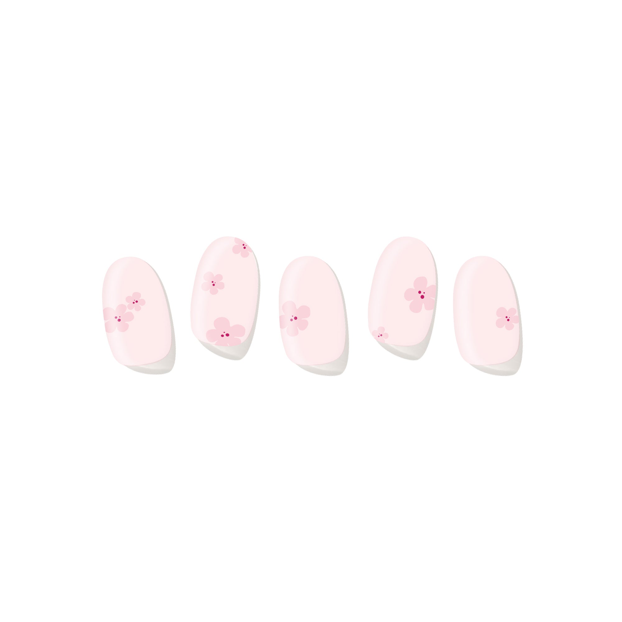 Five semi-cured gel nail strips displayed on a white background, featuring a soft blush base with delicate pink cherry blossom nail art.