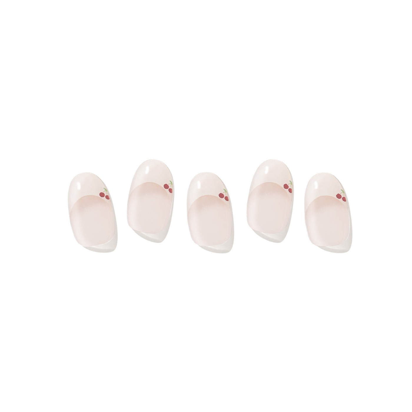 Five semi-cured gel nail strips displayed on a white background, featuring an off-white French tip design with a small red cherry accent.
