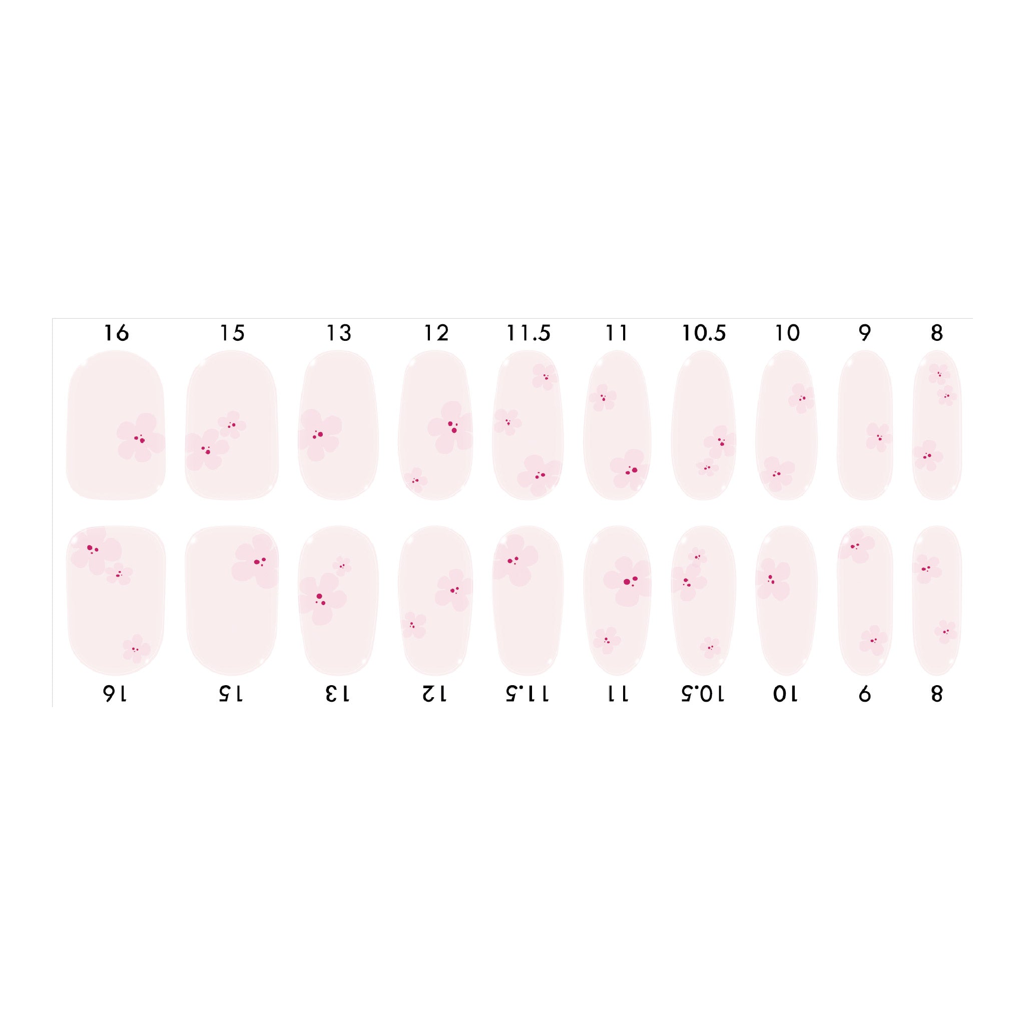 Standard size semi-cured gel nail strips sheet shown on a white background, featuring a blush base with pink cherry blossom designs, arranged by numbered nail sizes.