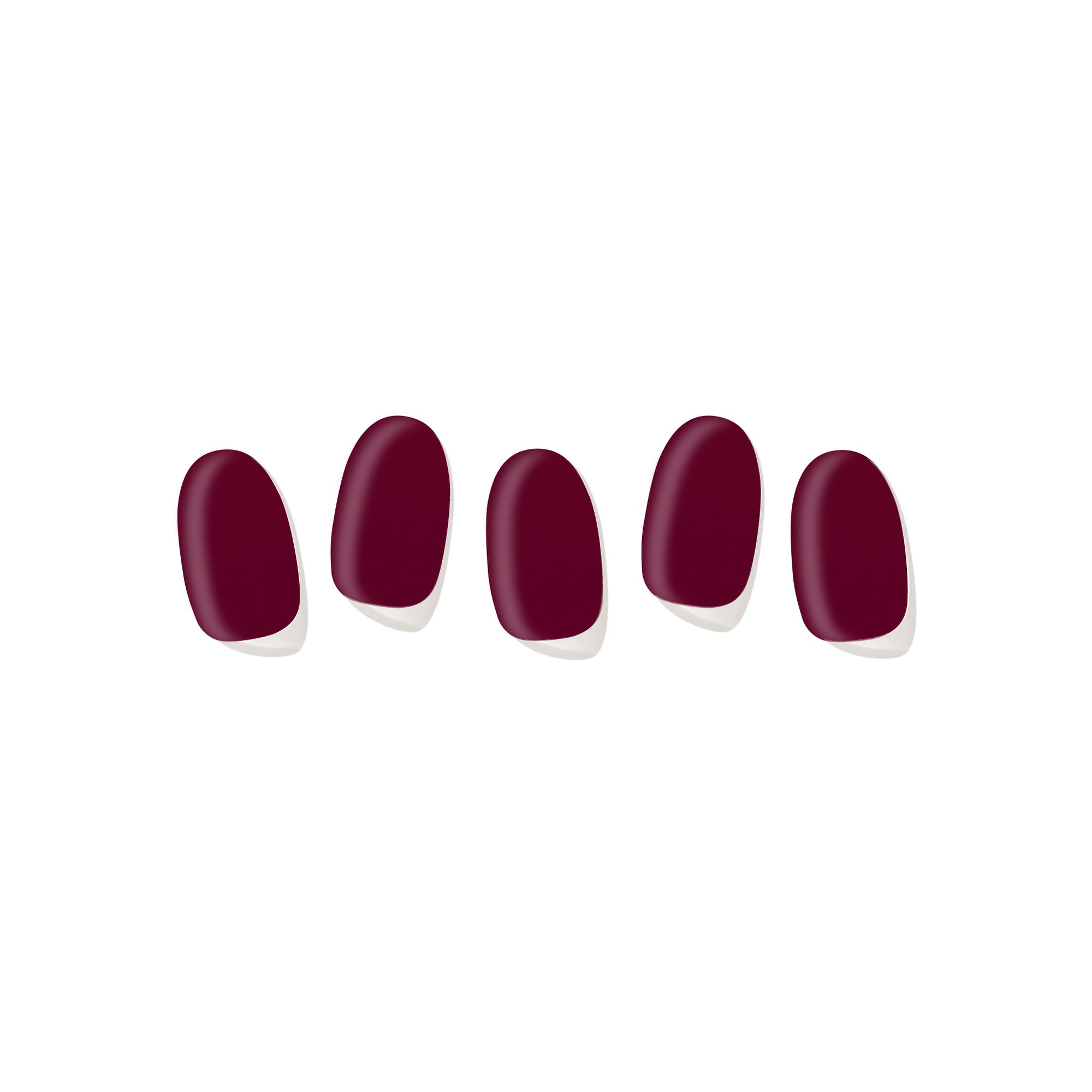 Five semi-cured gel nail strips displayed on a white background, featuring a dark cherry burgundy color.