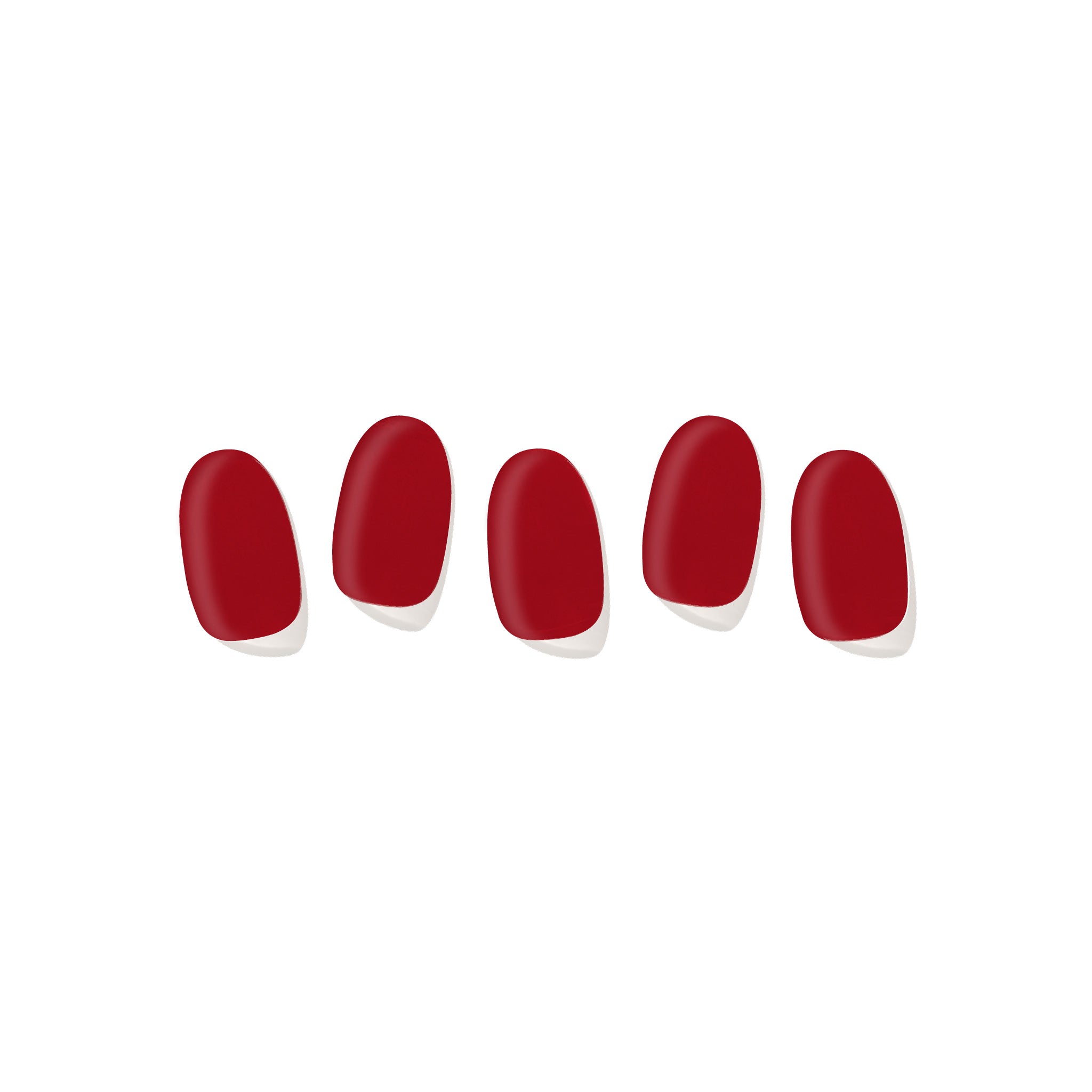 Five semi-cured gel nail strips displayed on a white background, featuring a dark red color.