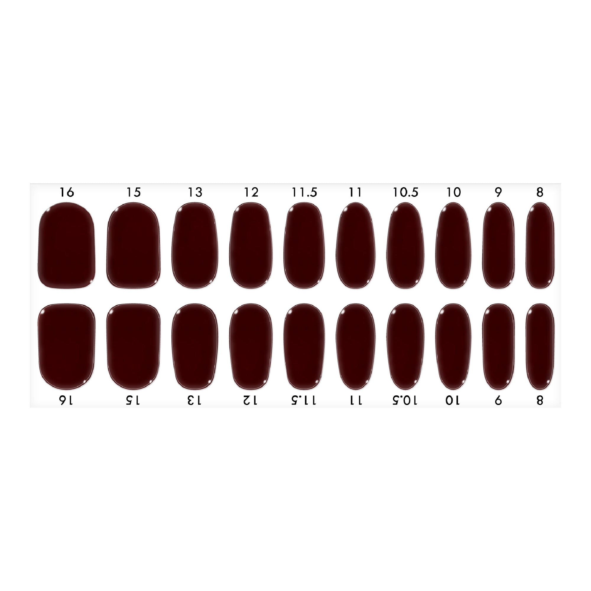 Standard size semi-cured gel nail strips sheet shown on a white background, featuring a dark cherry burgundy color, arranged by numbered nail sizes.