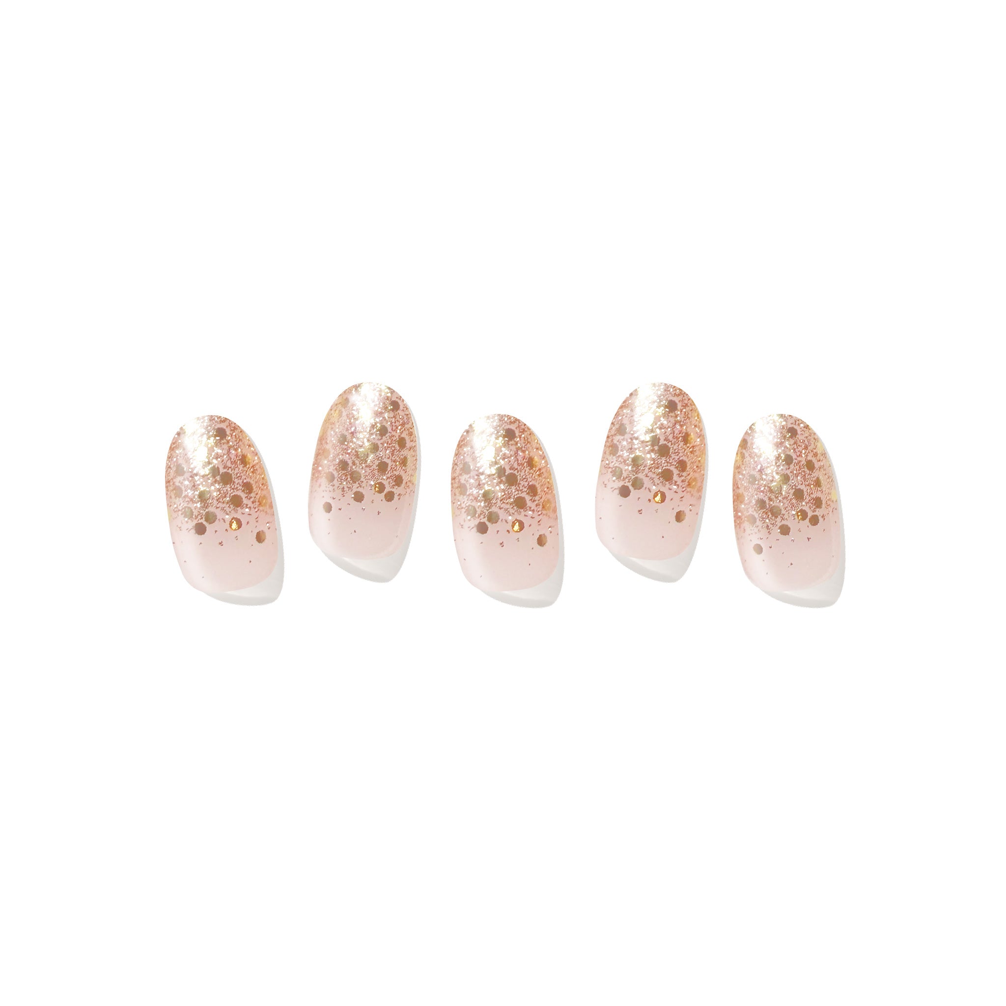 Five semi-cured gel nail strips displayed on a white background, featuring a soft blush base with gold glitter gradient tips.