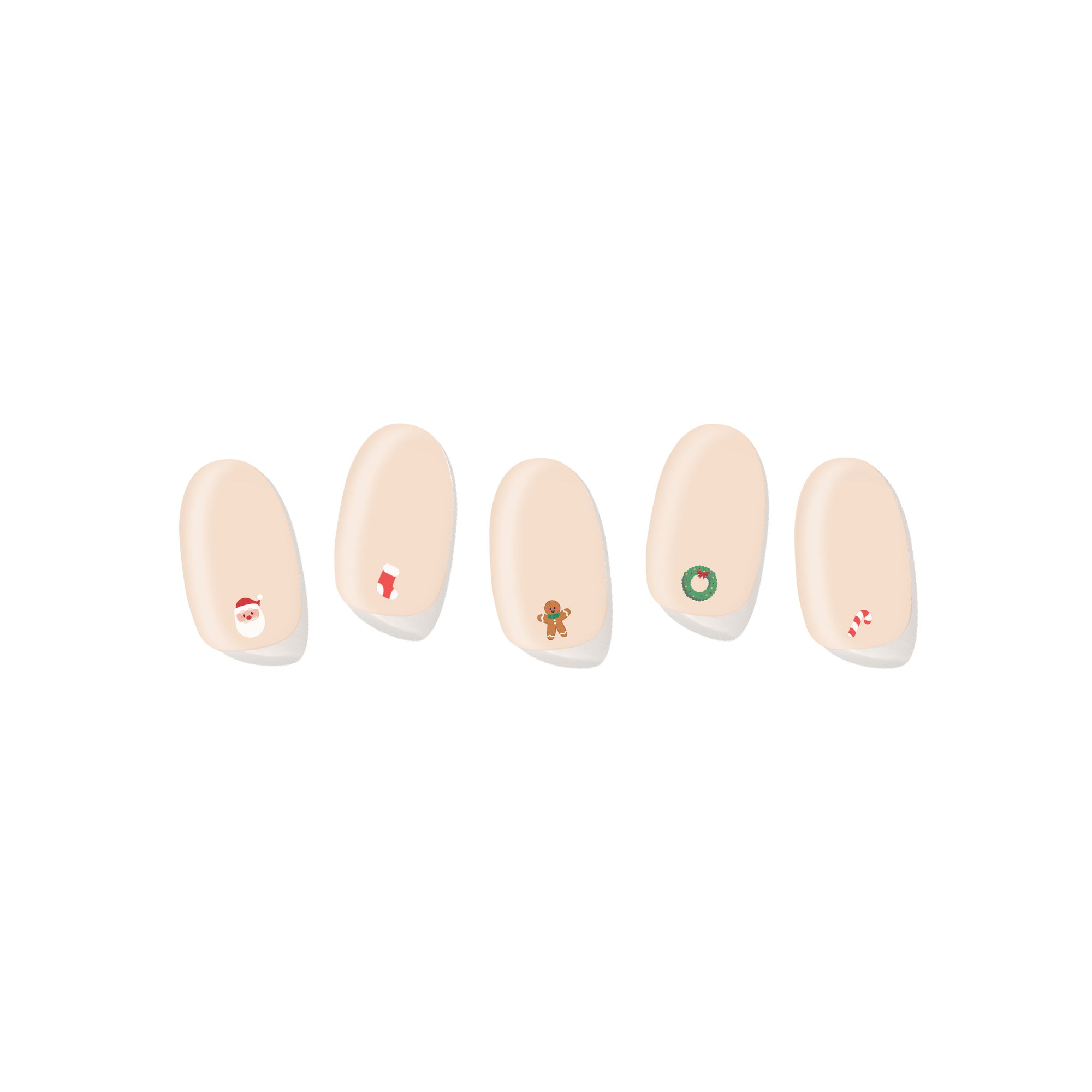 Five semi-cured gel nail strips displayed on a white background, featuring a soft neutral base with small Christmas-themed nail art including a Santa face, stocking, gingerbread figure, wreath, and candy cane.