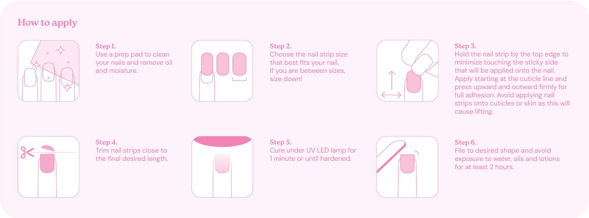 Illustrated instructions showing how to apply semi-cured gel nail strips: clean nails with a prep pad, choose the correct size, apply from the cuticle and press firmly, trim excess length, cure under a UV/LED lamp, and file to shape.
