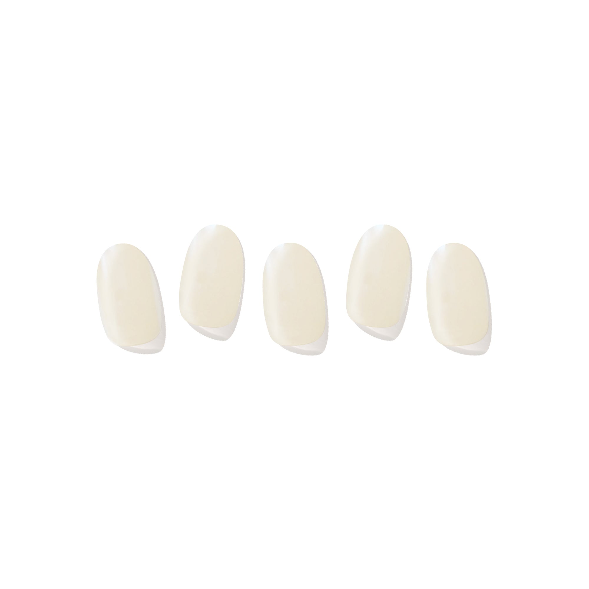 Five semi-cured gel nail strips displayed on a white background, featuring a glossy white finish.