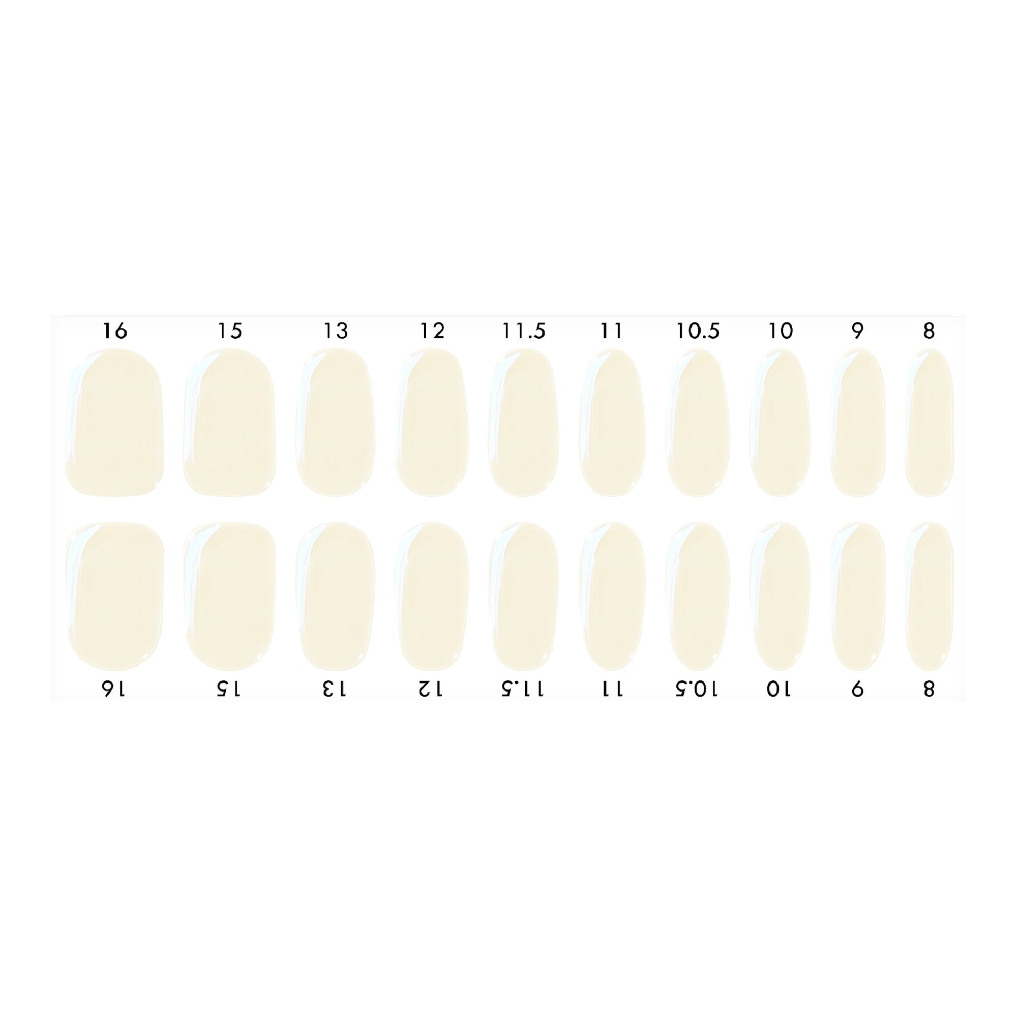 Standard size semi-cured gel nail strips sheet shown on a white background, featuring a glossy white finish, arranged by numbered nail sizes.