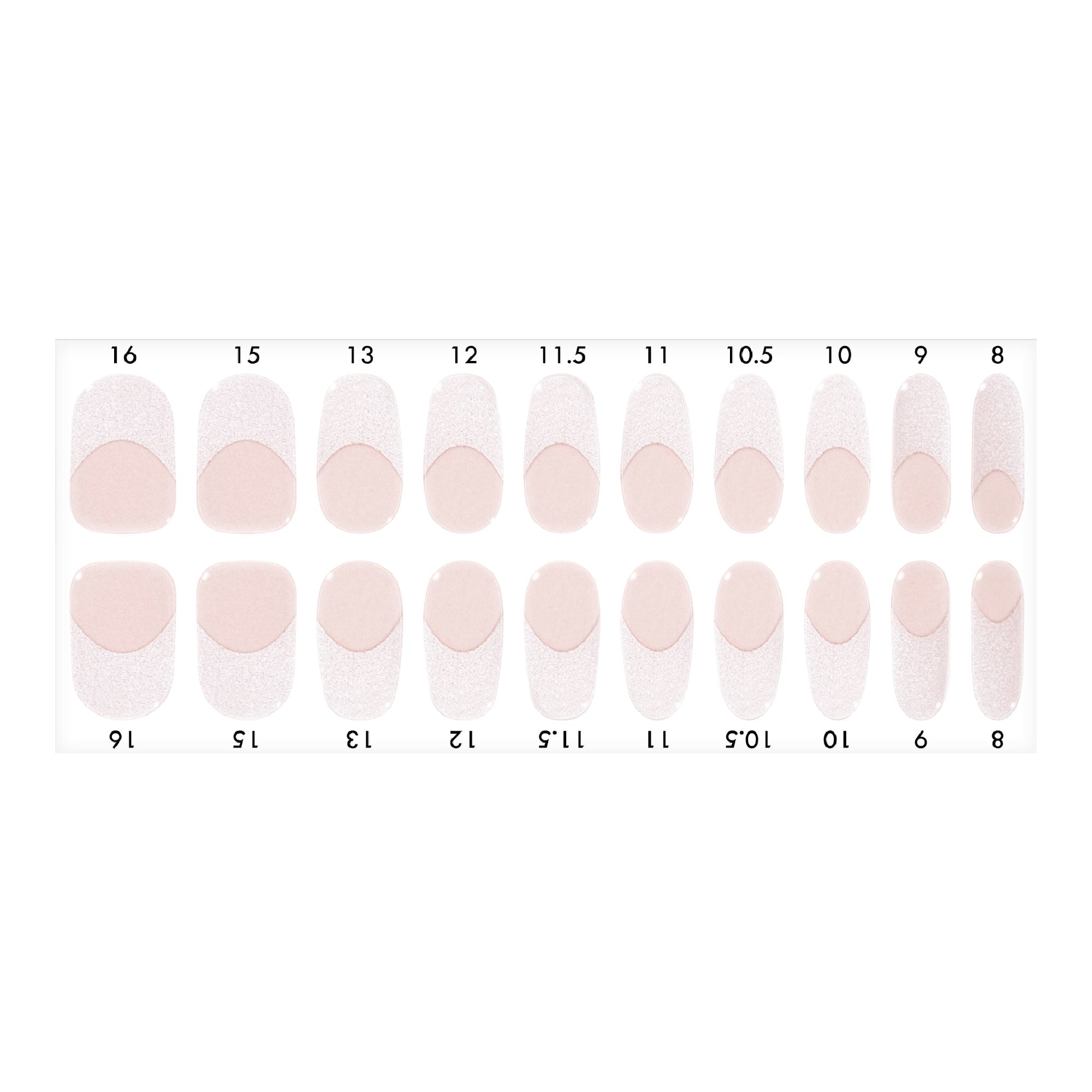 Standard size semi-cured gel nail strips sheet shown on a white background, featuring a blush base with sparkly silvre French tips, arranged by numbered nail sizes.