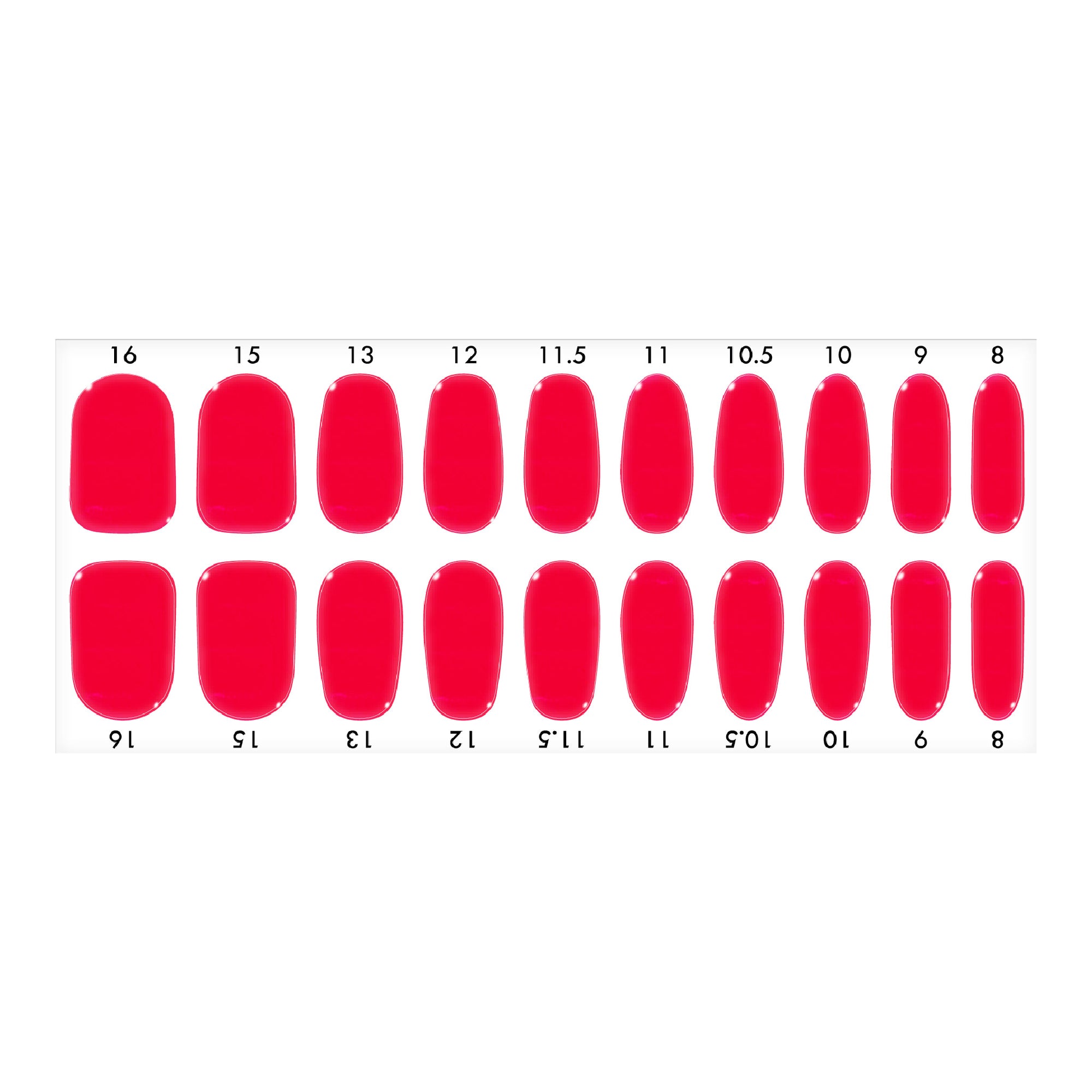 Standard size semi-cured gel nail strips sheet shown on a white background, featuring a glossy red jelly design with a slightly translucent finish, arranged by numbered nail sizes.