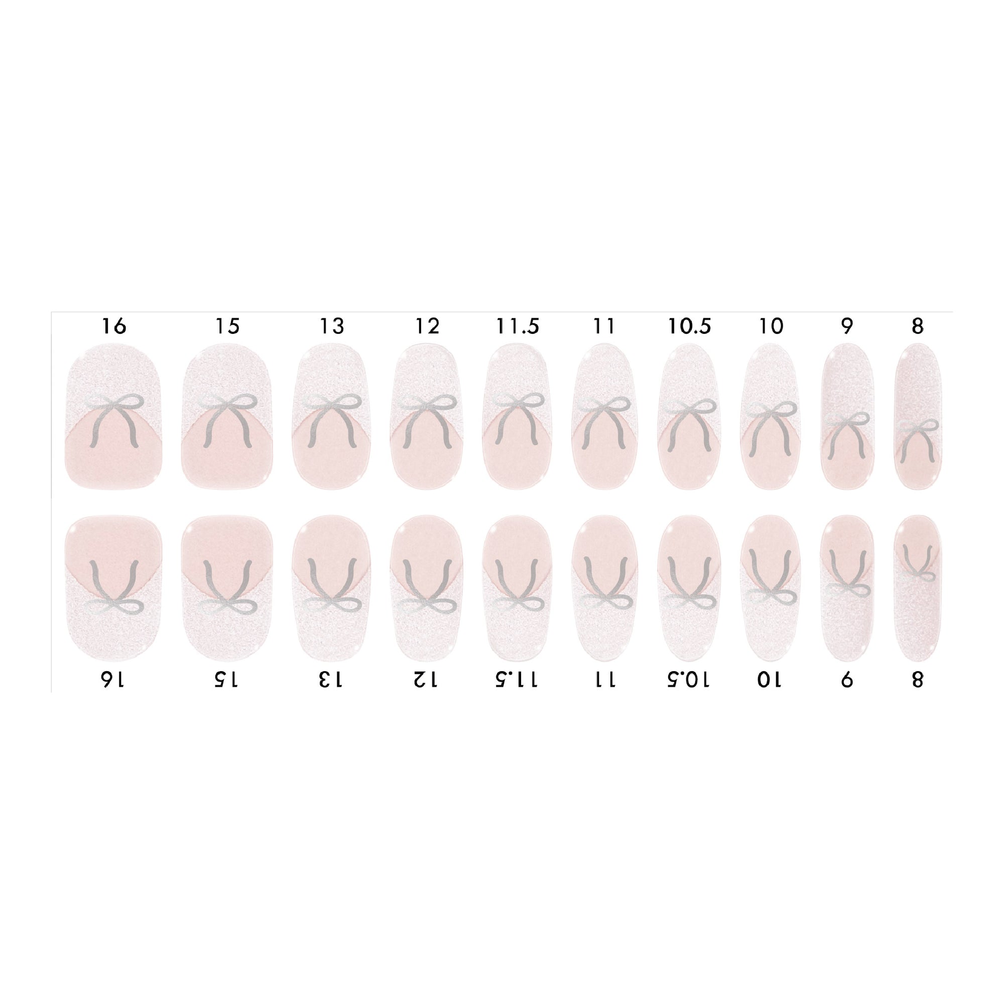 Standard size semi-cured gel nail strips sheet shown on a white background, featuring a blush base with sparkly silver French tip and silver bow design, arranged by numbered nail sizes.