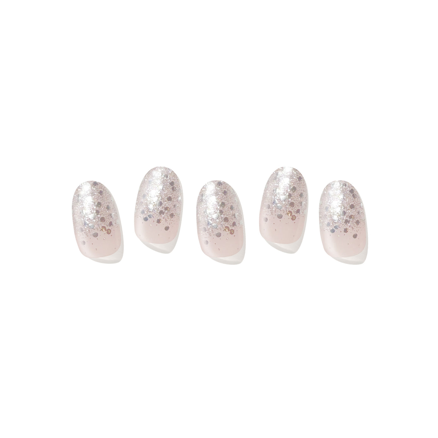 Five semi-cured gel nail strips displayed on a white background, featuring a soft blush base with silver glitter gradient tips.