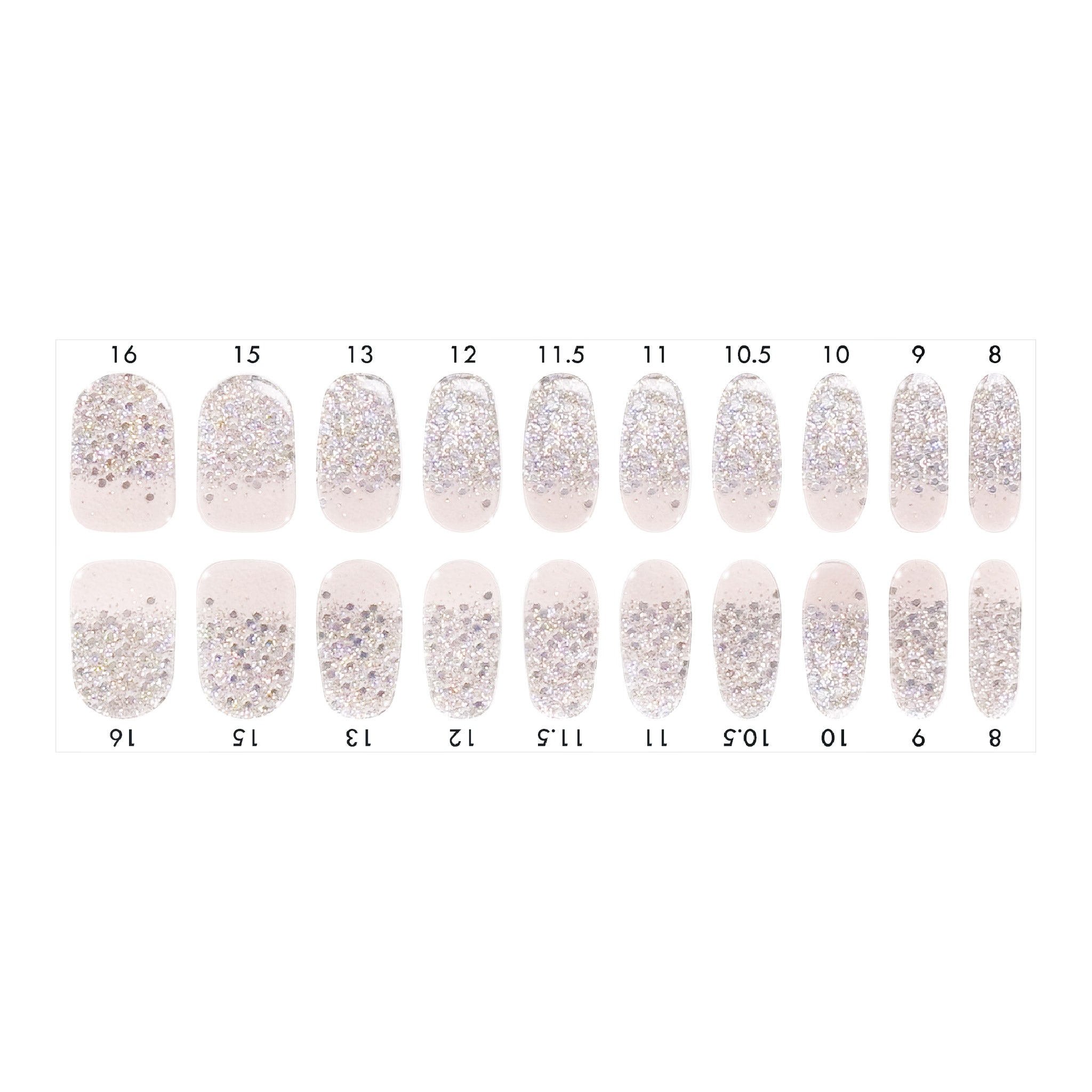 Standard size semi-cured gel nail strips sheet shown on a white background, featuring a blush base with silver glitter gradient tip designs, arranged by numbered nail sizes.