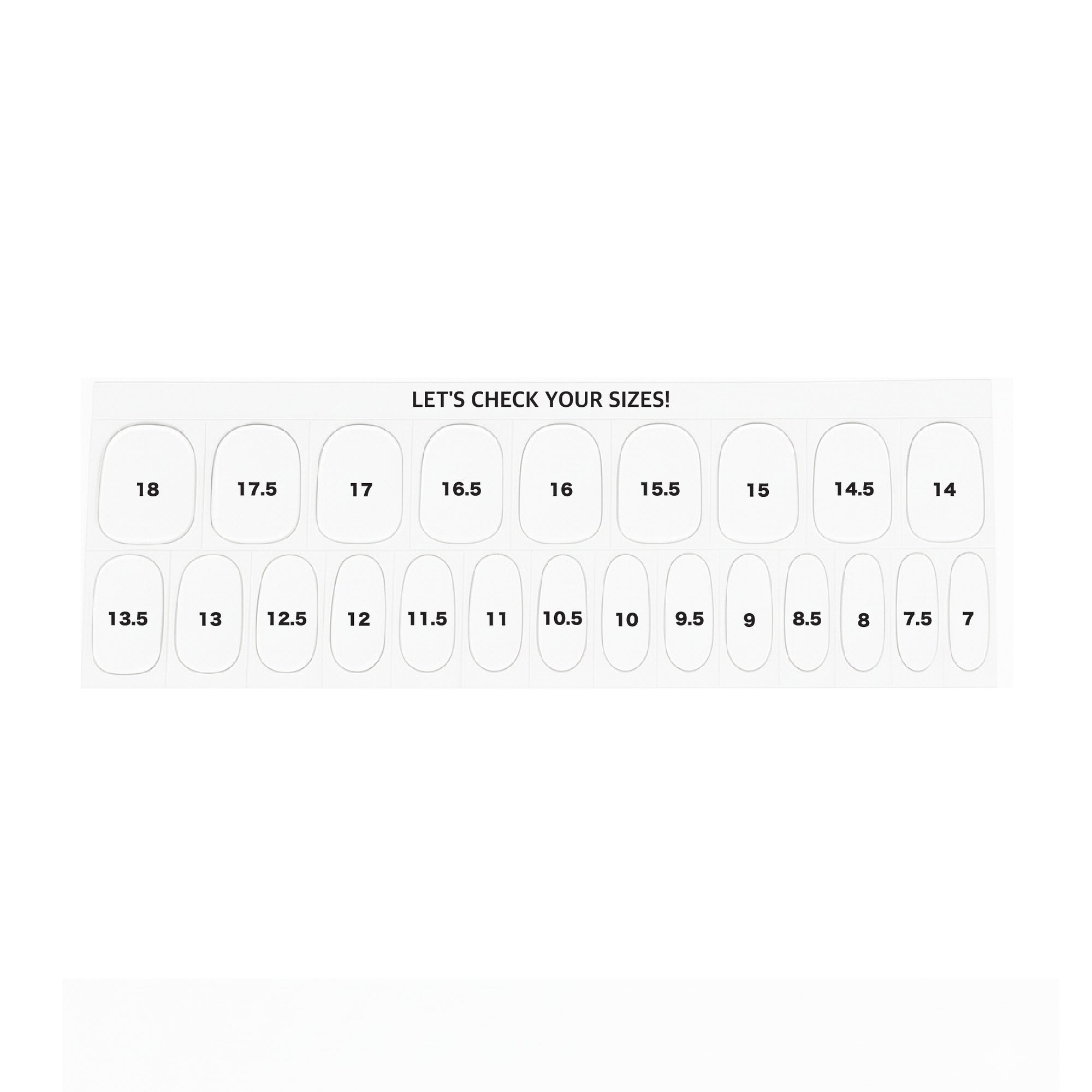 Nail sizing sheet displayed on a white background, showing clear stickers labeled with numbered nail sizes.