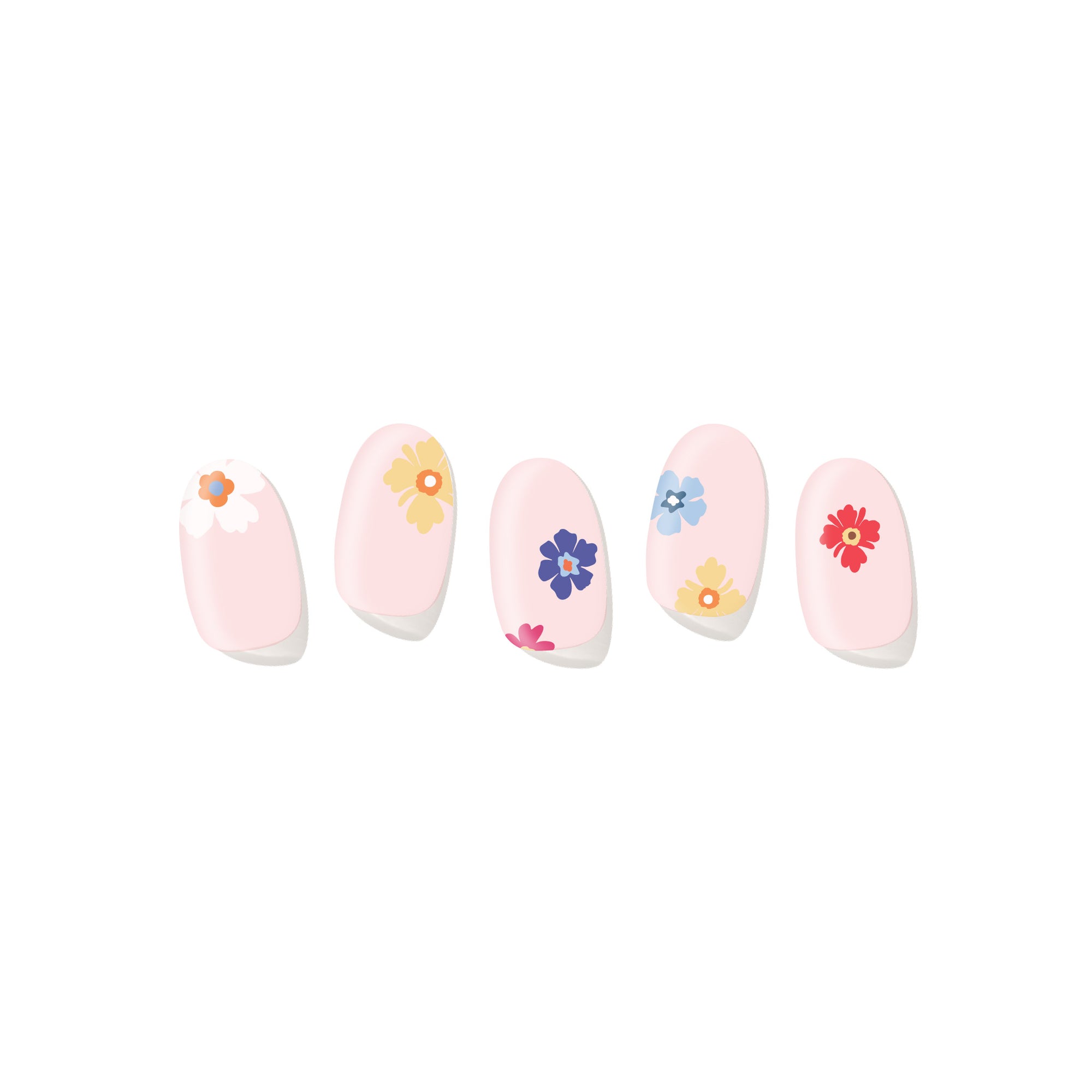 Five semi-cured gel nail strips displayed on a white background, featuring a soft blush base with colorful floral nail art.