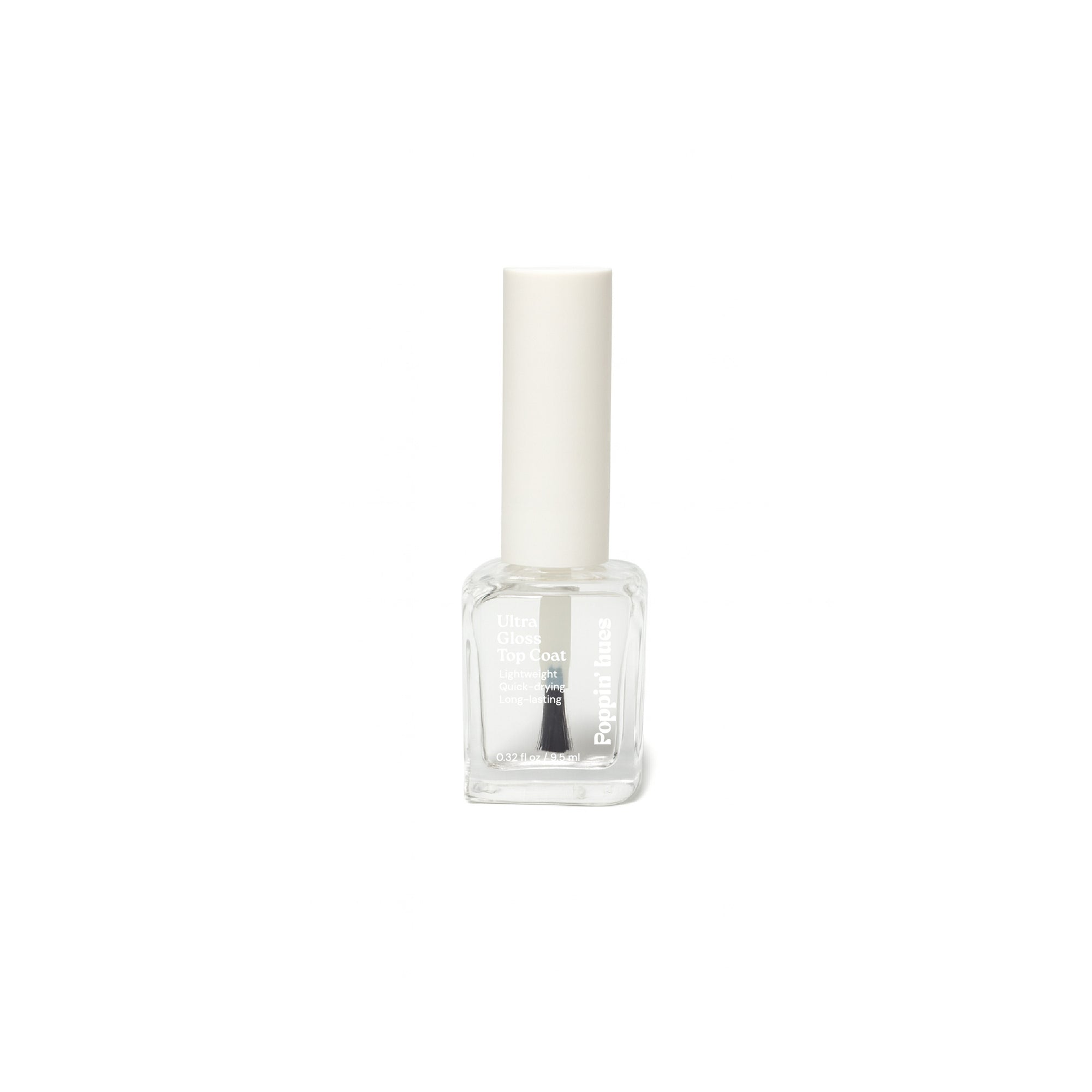 Clear nail top coat bottle displayed on a white background, featuring a rectangular glass bottle with a white cap.