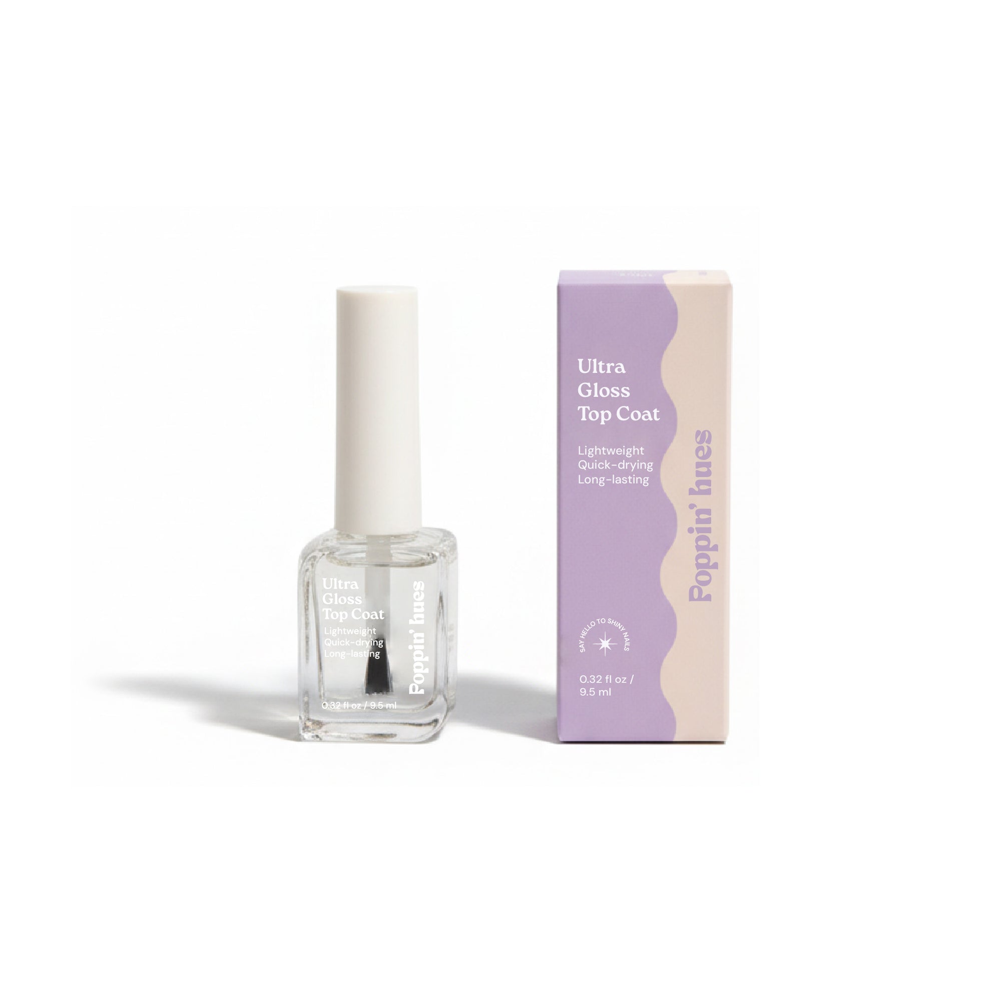 Clear nail top coat shown on a white background alongside its branded box, featuring a rectangular glass bottle with a white cap.