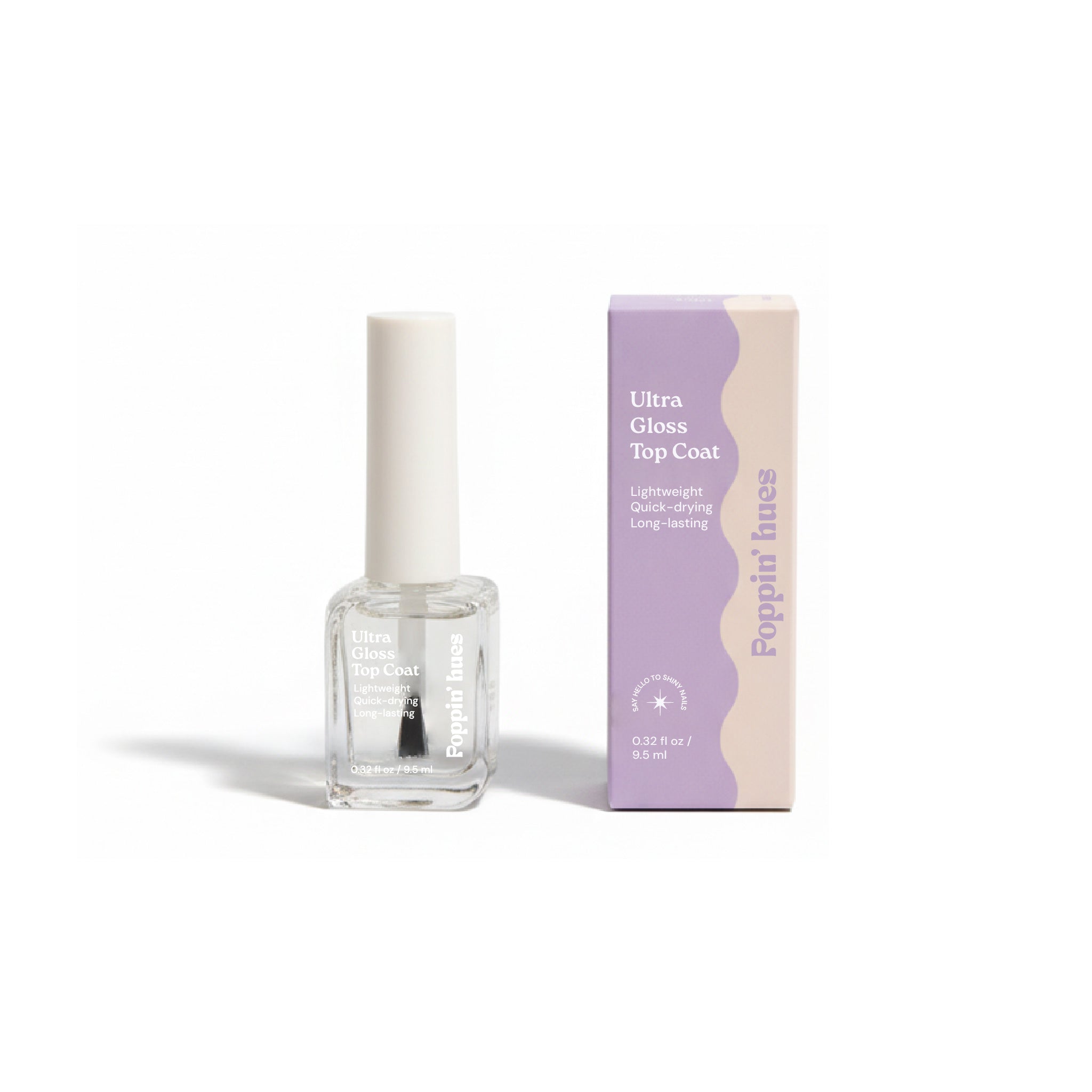 Clear nail top coat shown on a white background alongside its branded box, featuring a rectangular glass bottle with a white cap.