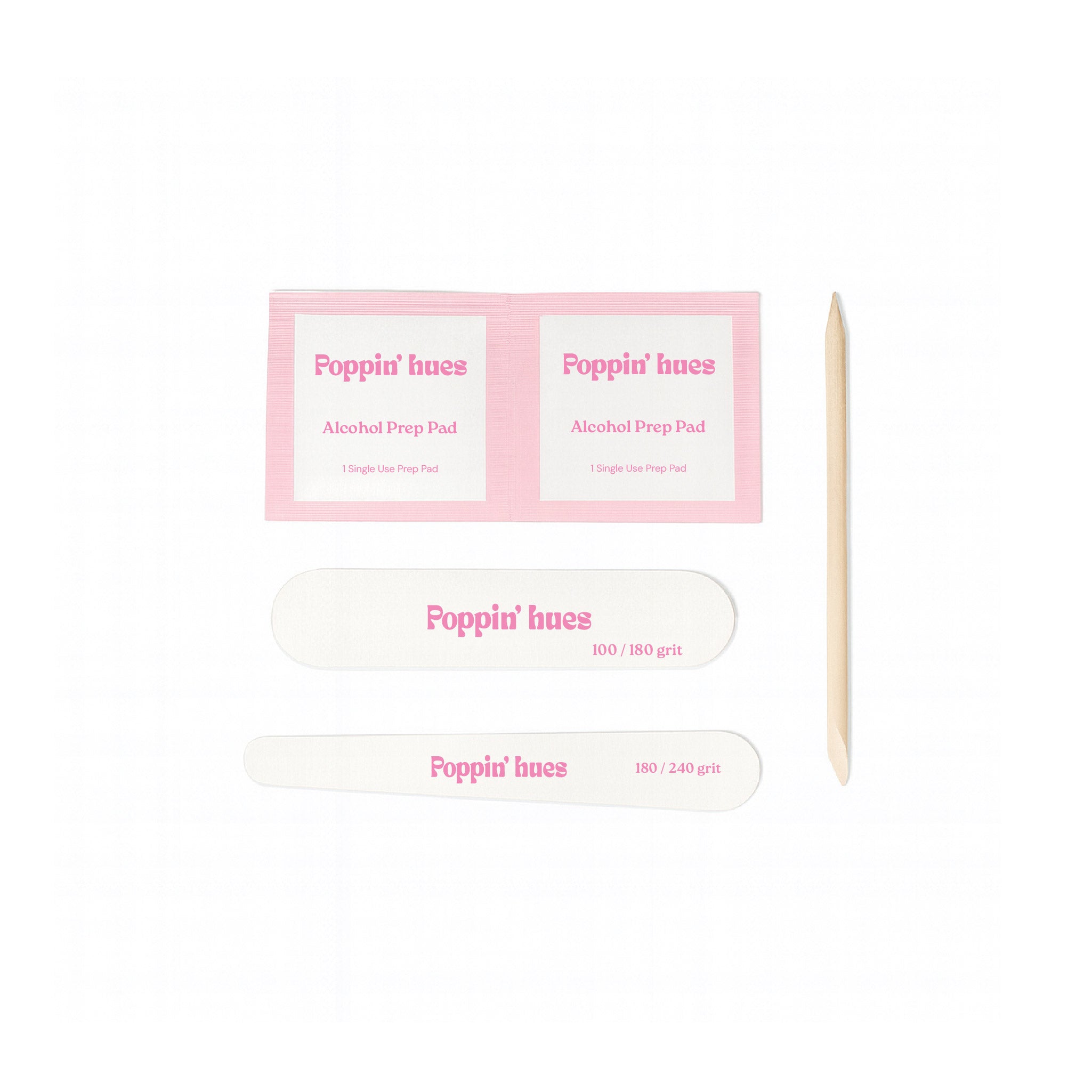 2 alcohol prep pads, 2 nail files, and a wooden stick on a white background.